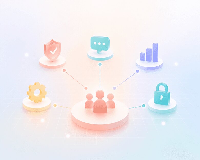 Illustration of a community engagement platform featuring icons for compliance, communication, analytics, settings, and data security